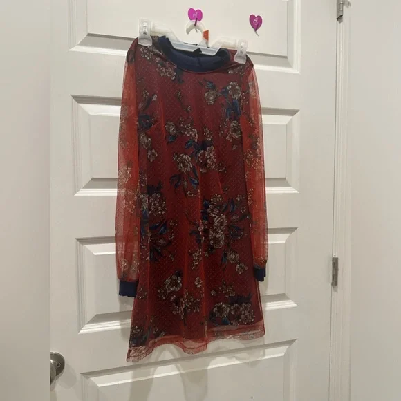 Long sleeve mesh burgundy and navy dress - Picture 4 of 14